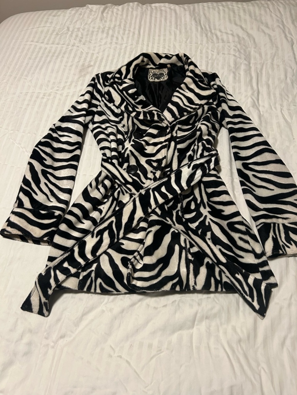 Heart Soul Black & White Zebra Print Belted Pea Coat